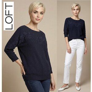 LOFT - Navy pullover cotton/wool blend sweater with front embroidery detailing